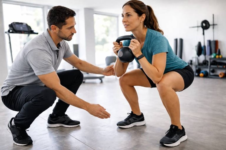 une femme réalise un squat, son kiné de valence en poitou vérifie l'éxecution