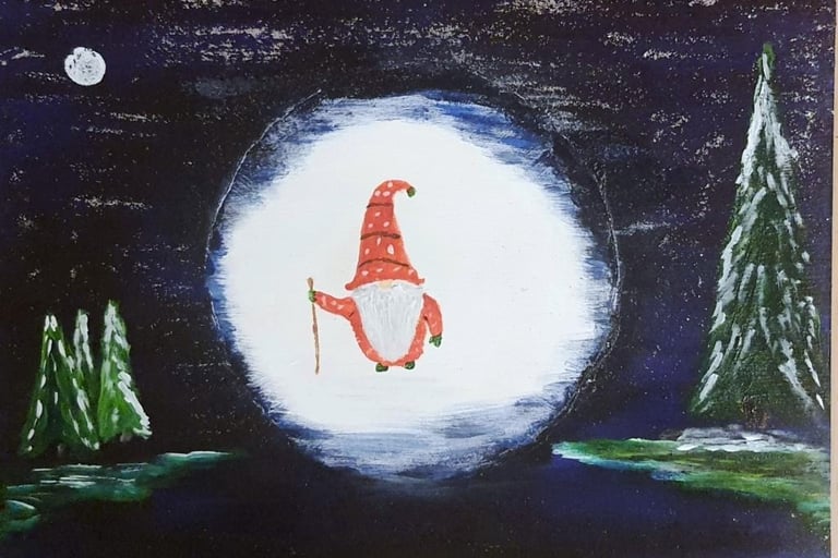 Réf : NOE241114. Gnome dans la forêt. Bois 30x21cm. 30€.