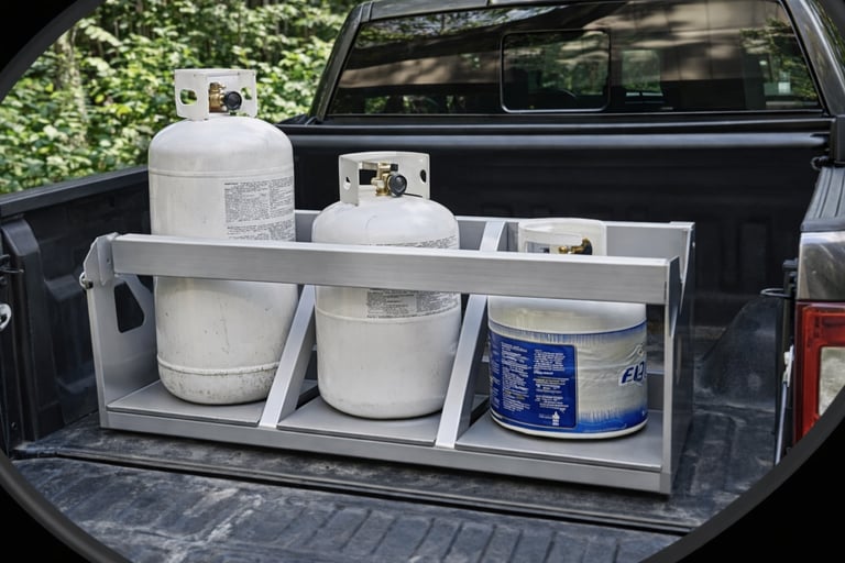 Truck with 20 lb 30 lb and 40 lb propane tanks for transport