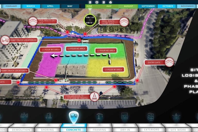 an example of a construction site logistics plan during the concrete phase
