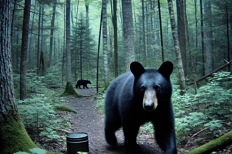 A hyperrealistic trail camera image of a black bear cautiously walking along a forest trail, surrounded by dense trees.