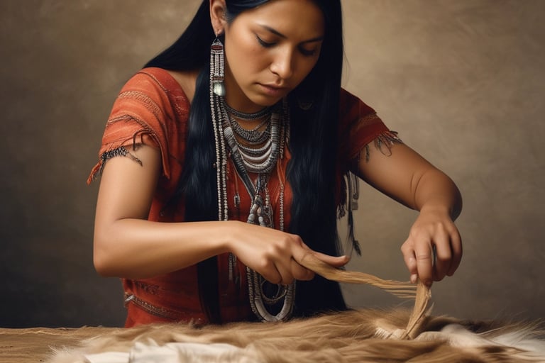 AMerican Indian Woman removing the hair from an animal pelt