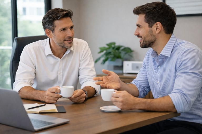 Reunión inicial entre consultor y cliente para comprender contexto organizacional, café de por medio