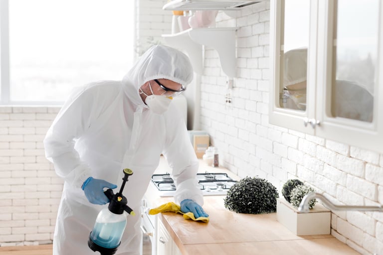 a man in a white suit and a white coat is cleaning a counter