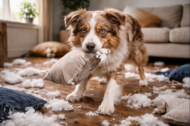 Aussie red merle destruye cojines