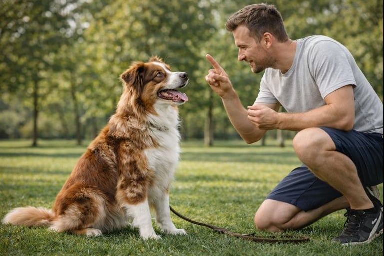 Pastor Australiano Ovejero recibiendo entrenamiento positivo de su humano