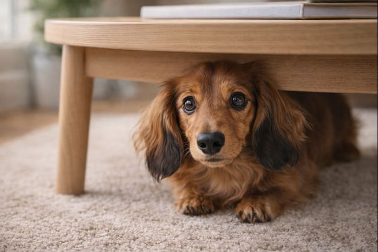 Teckel de pelo largo escondido bajo una mesa