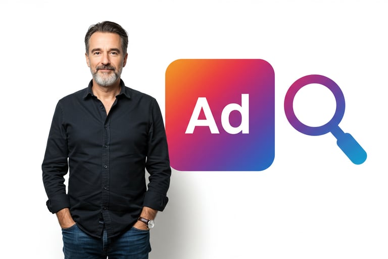Man standing in front of search ad icon