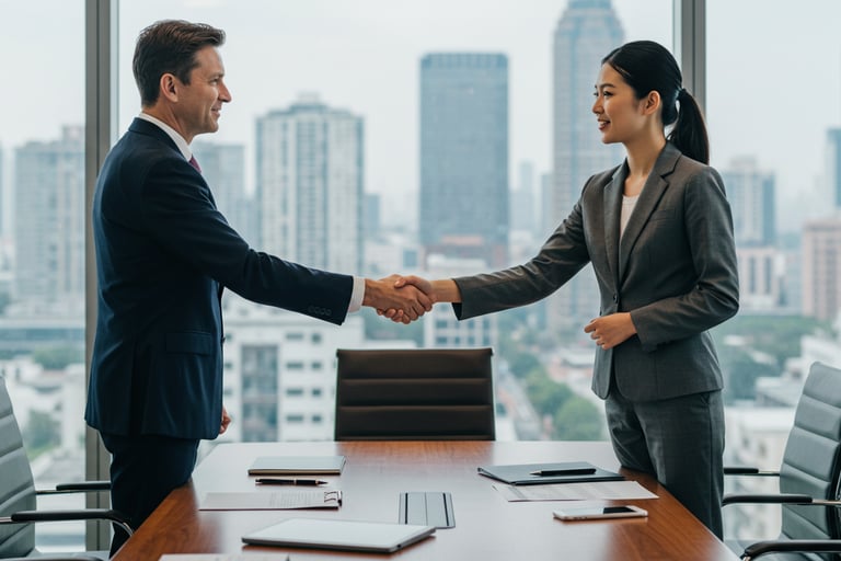 A man and woman shaking hands in a  boardroom