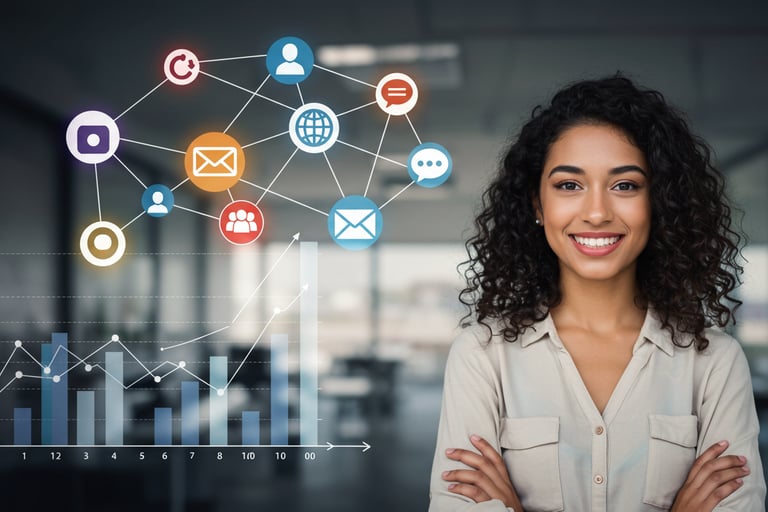 A woman in front of a chart showing increased performance 
