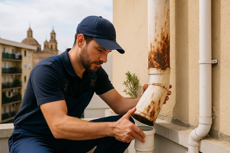 Fontanero cambiando una tubería en barrio La Macarena de Sevilla