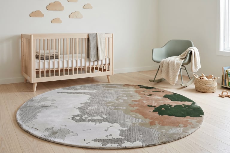 Modern round abstract map design hand-tufted rug in silver grey terracotta and forest green