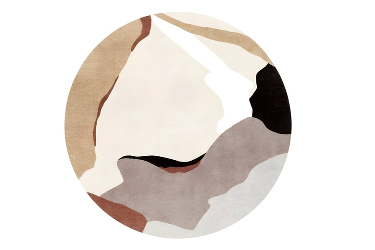 Modern round abstract organic color-block hand-tufted rug in cream beige taupe and black from India