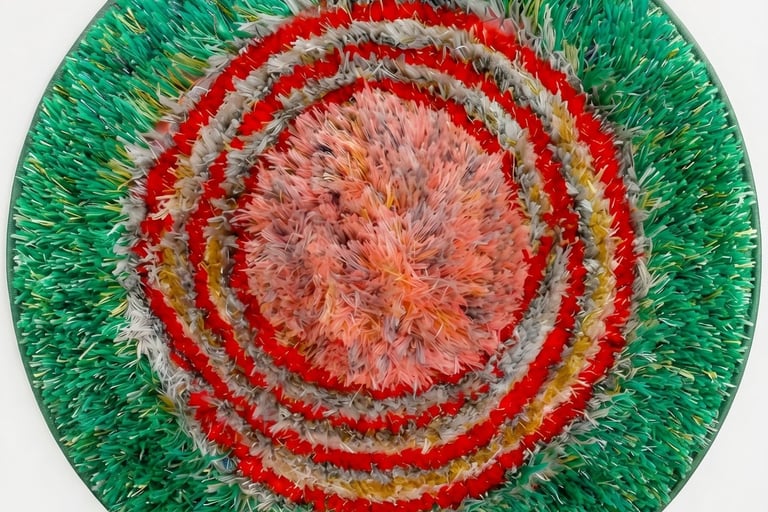 Round floral design heavy shaggy hand-tufted rug in green red and coral pink from Shreempex India