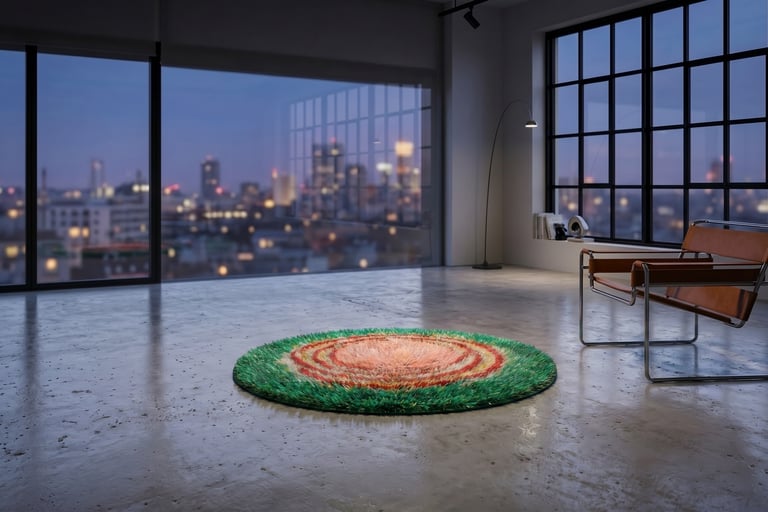 Premium hand-tufted round high-pile shaggy rug with green and pink botanical bloom pattern