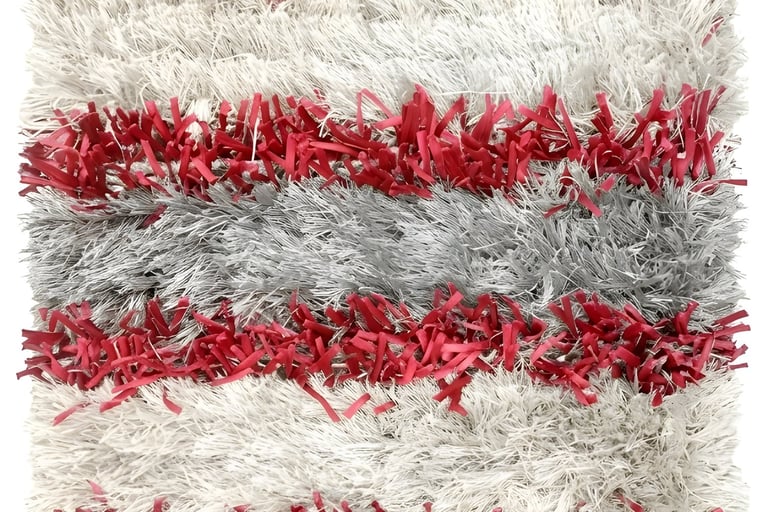 Modern horizontal striped heavy shaggy hand-tufted rug in silver grey white and red from India
