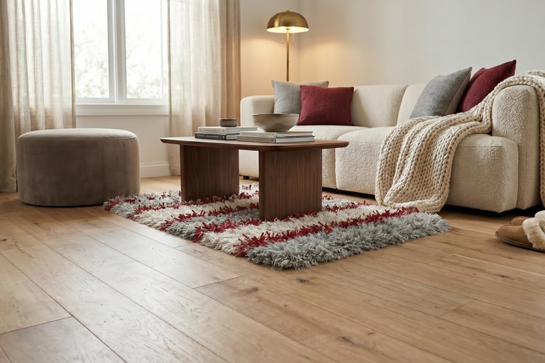 hand-tufted high-pile shaggy area rug with red striped accents by Shreempex