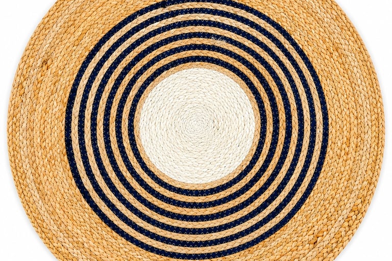 Round geometric braided jute rug with cream center field and navy blue rings from Indian Exporter