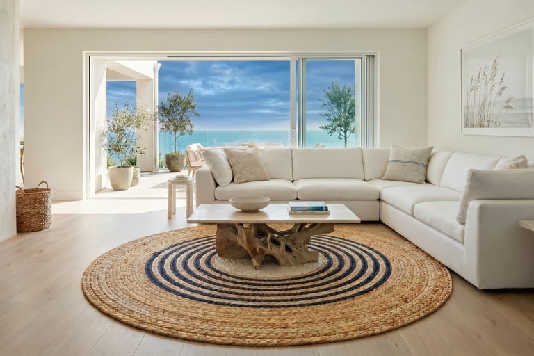 Premium eco-friendly round braided natural fiber area rug with navy blue accents from India