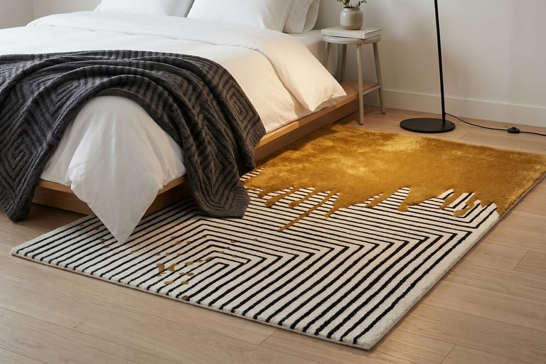 Modern luxury geometric black and white maze hand-tufted rug with liquid gold paint drip effect