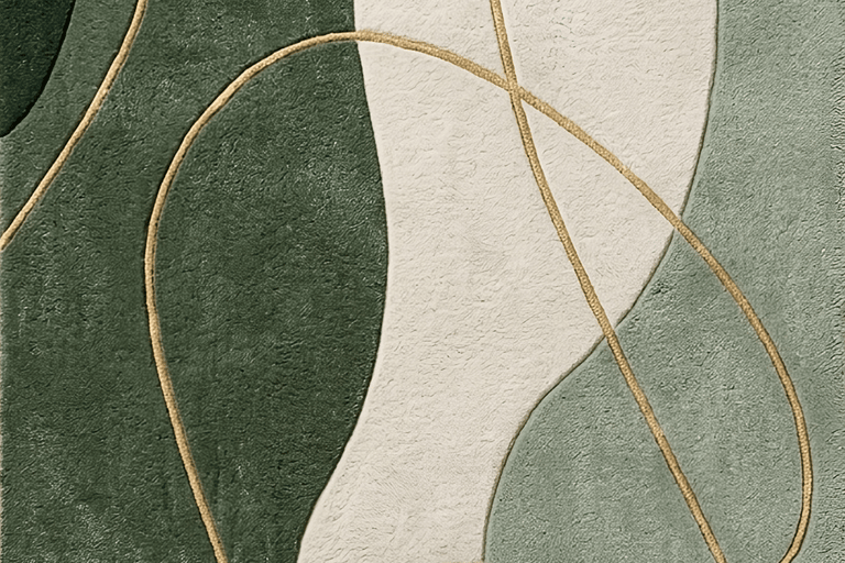 Modern abstract organic wave hand-tufted rug in forest green, sage, and cream with gold line accents