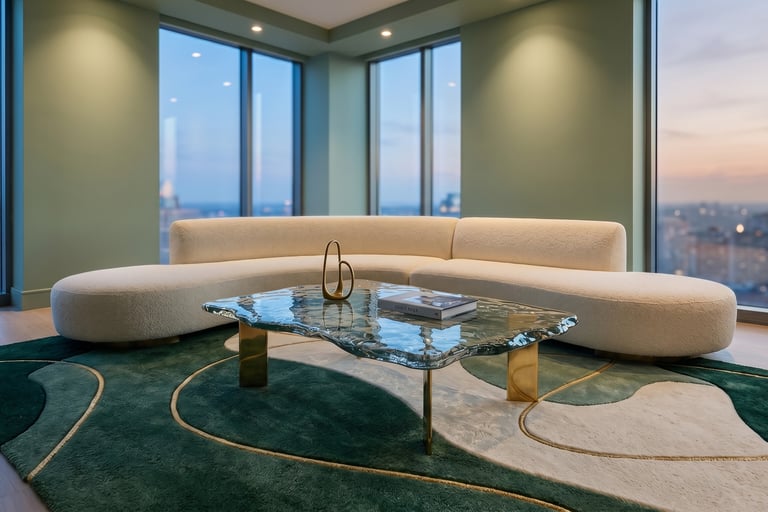 Premium hand-tufted contemporary geometric area rug with fluid green and gold patterns