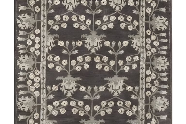 Traditional heritage floral border hand-tufted rug in charcoal grey and cream from Shreempex India