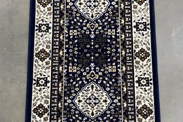 Traditional Persian oriental medallion hallway runner rug in navy blue cream and gold Color