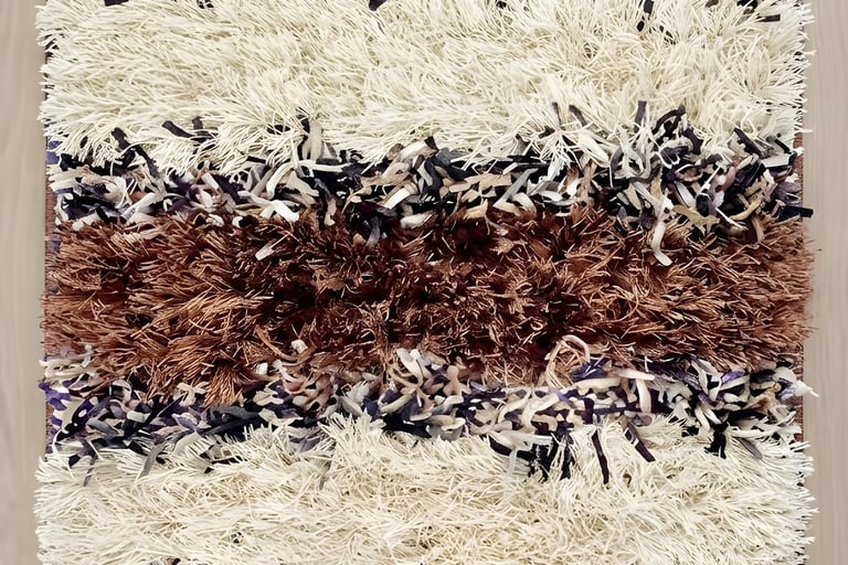 Modern horizontal striped heavy shaggy hand-tufted rug in mocha brown chocolate and cream from India
