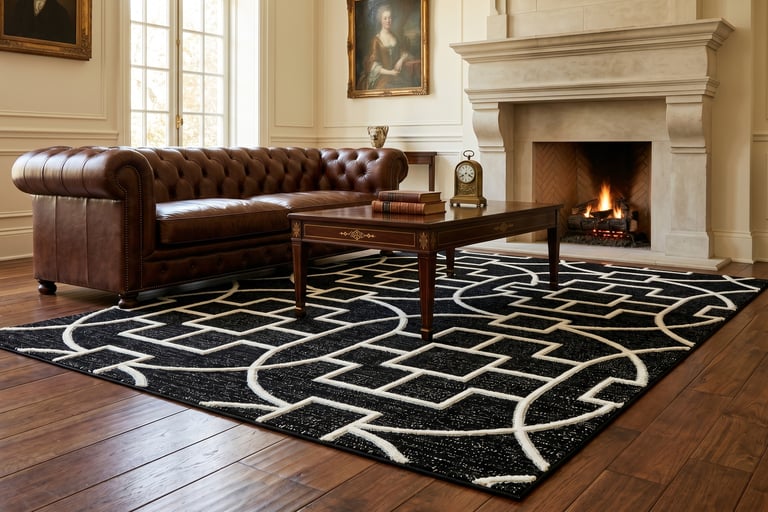 geometric interlocking circle pattern hand-tufted rug in black and cream from Indian manufacturer