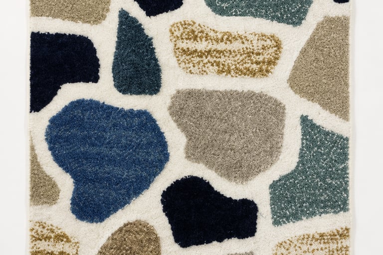 Modern abstract mosaic cobblestone hand-tufted rug in navy blue grey and cream from India