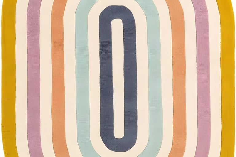 Modern retro capsule oval hand-tufted rug with colorful concentric bands in pastel colors