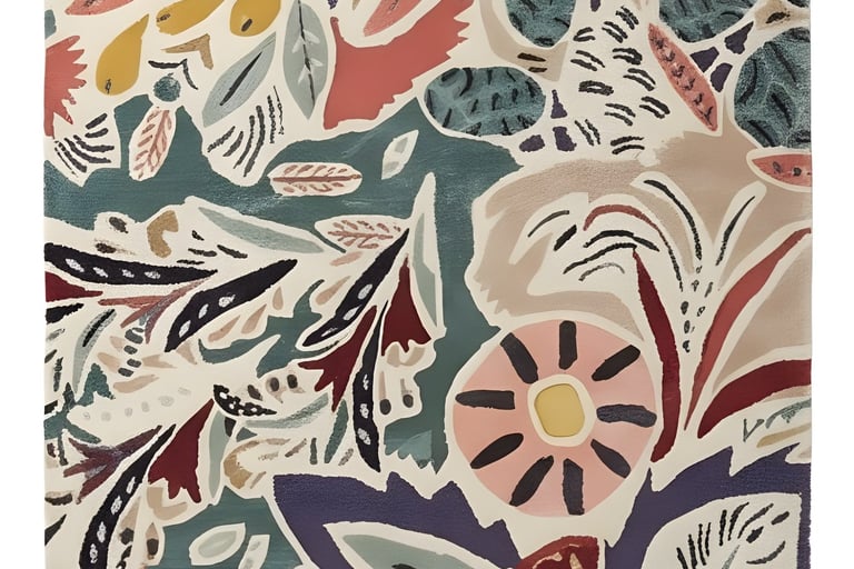 Modern abstract botanical floral hand-tufted rug in terracotta and mustard from Indian exporter