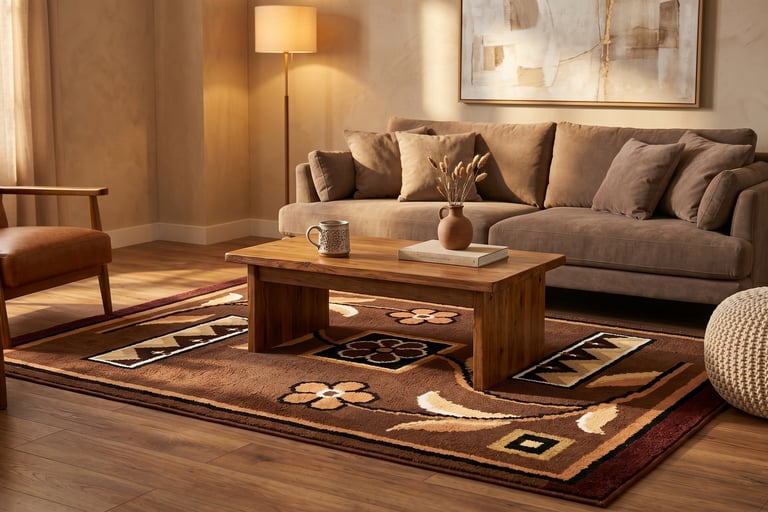 Shreempex tribal geometric and floral hand-tufted rug in chocolate brown from Indian exporter
