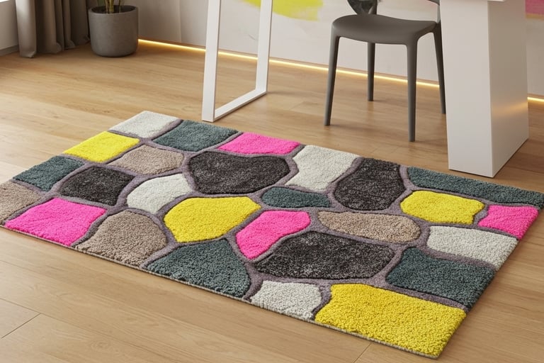 Shreempex Hand Tufted Rug Seller - MOSAIC Stone Design Rug with Pink yellow brown and grey color