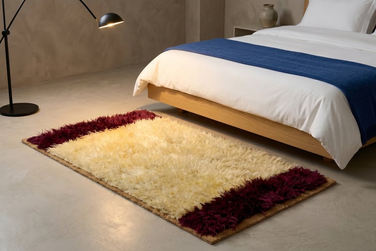 hand-tufted high-pile plush shaggy area rug with Cream Color and burgundy borders