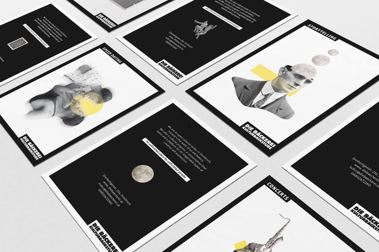A collection of Die Bäckerei Kulturbackstube event flyers with artistic collage designs and minimalist typography.
