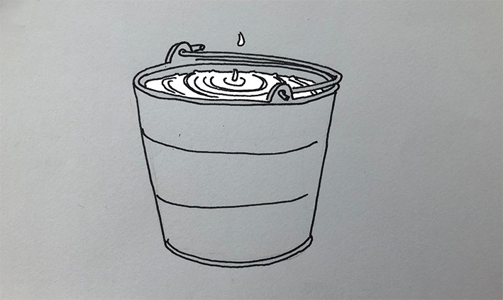illustratie van emmer vol water waar druppels in vallen waardoor hij bijna overstroomt