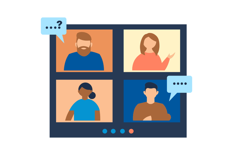 Flat illustration of a virtual team meeting on a video call screen with diverse people and speech bubbles.