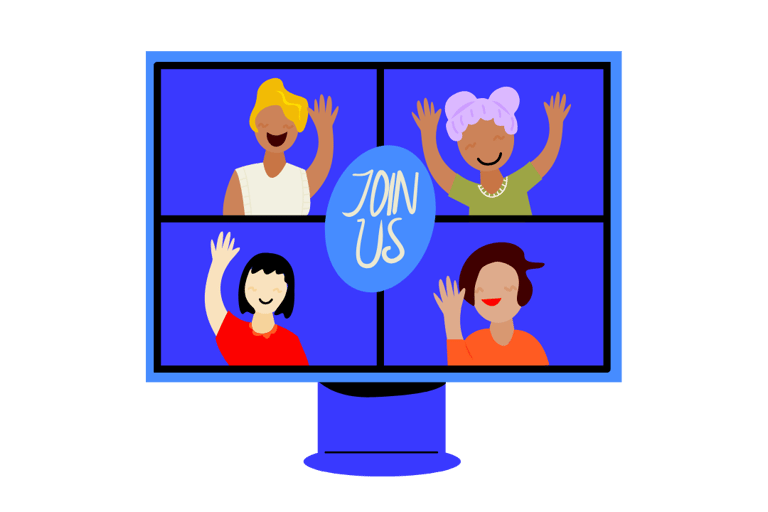 A computer monitor displaying a virtual meeting with four diverse people waving and a Join Us invitation.
