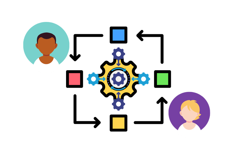 Digital illustration of diverse user avatars collaborating in AI content workflow automation