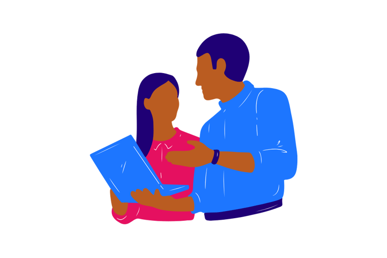 Flat vector illustration of colleagues collaborating on a project using a laptop.