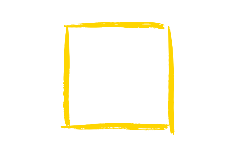 Yellow hand-drawn brush stroke square frame isolated on a solid black background.