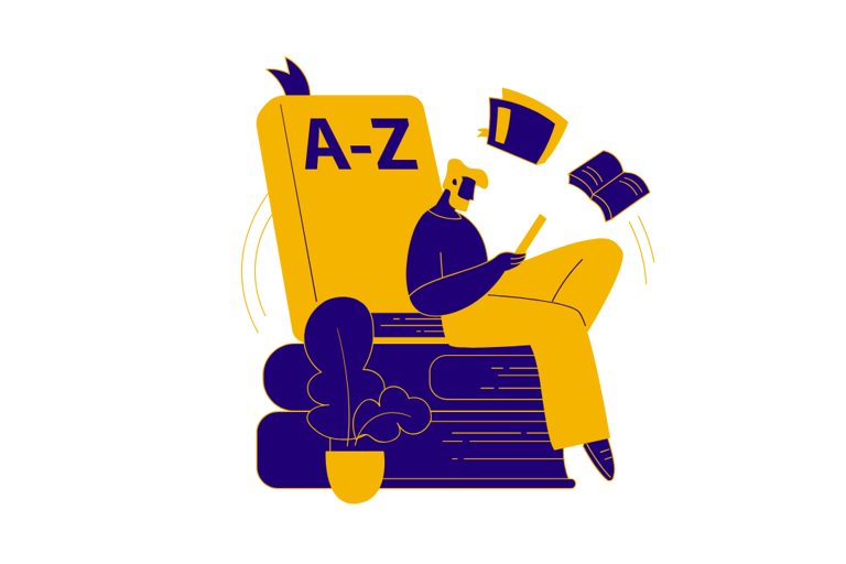 Illustration of a person reading on a stack of books with an A-Z encyclopedia or dictionary theme.