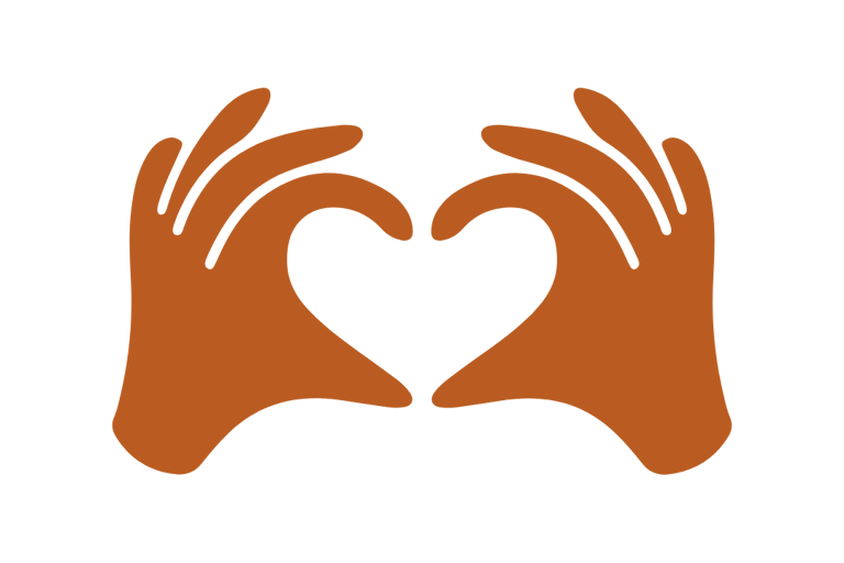 Orange silhouette of two hands forming a heart shape symbol on a solid black background.