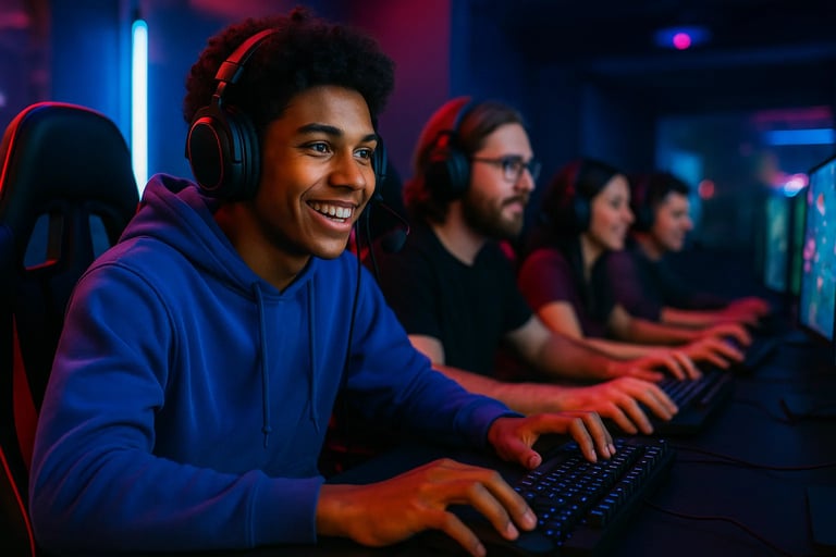 a man in a blue hoodie and headphones on a computer
