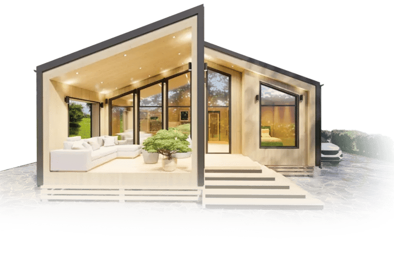 a house with a large patio and a couch