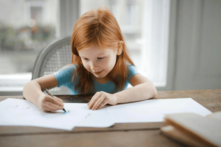 A young girl works at her own pace. 
