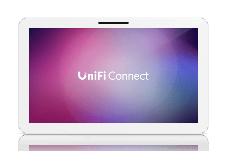 Ubiquiti UniFi Connect white digital signage display with a colorful screen and reflection.