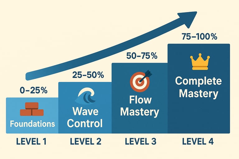 Visual roadmap of the 4-level progressive training system from foundations to complete ejaculatory m